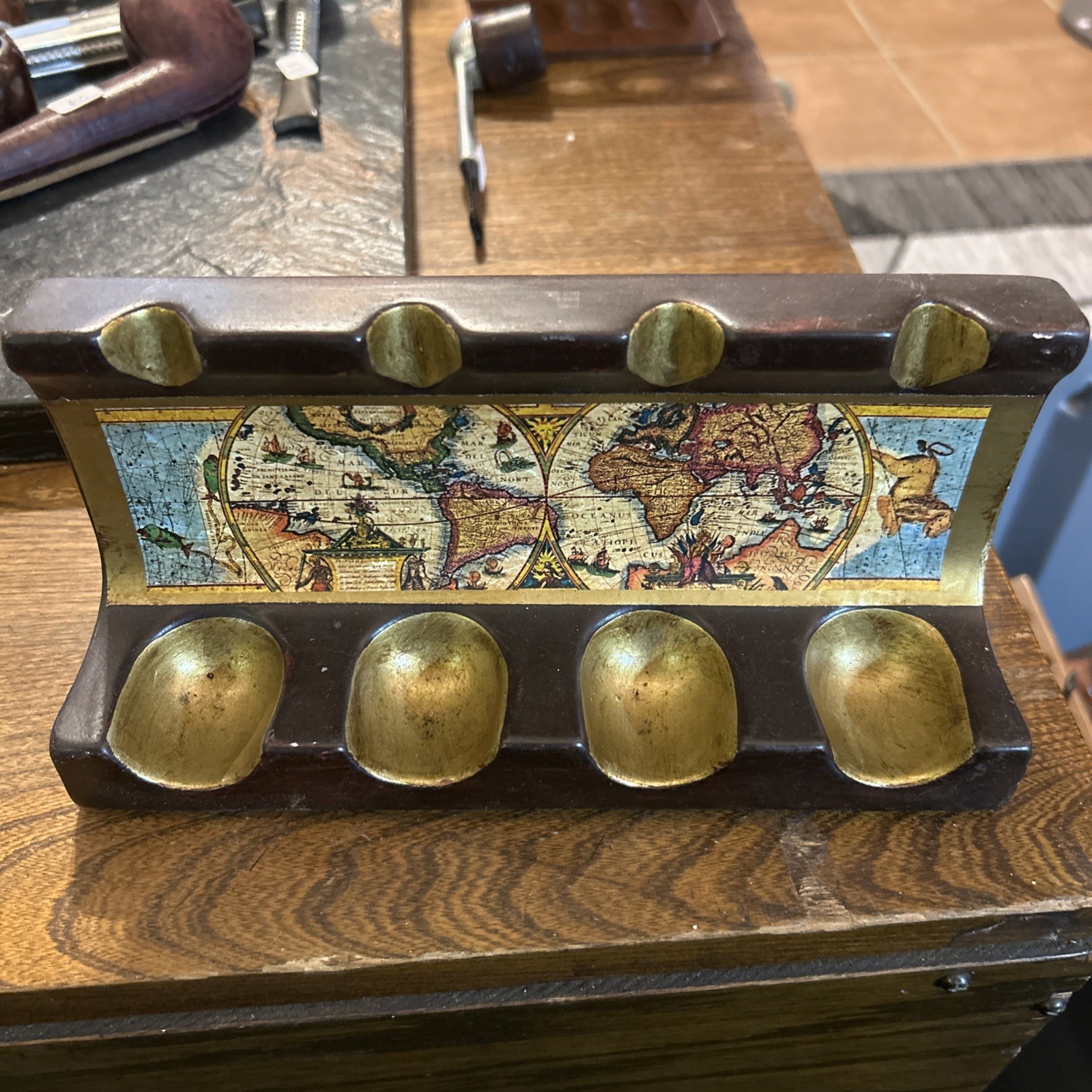 VTG Florentine Italian MCM Ceramic Four-Pipe Stand W/Gold & World Map Tobacciana VTG Florentine Italian MCM Ceramic Four-Pipe Stand W/Gold & World Map Tobacciana