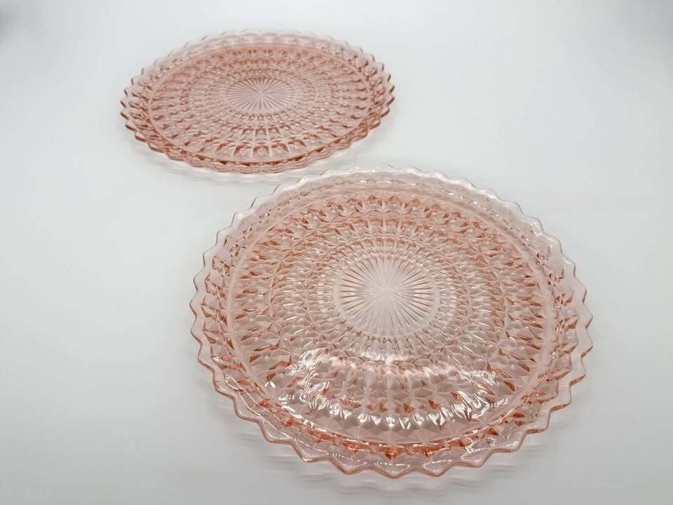 2 Vintage Jeannette Holiday Buttons & Bows Pink Glass Plates 10.25”