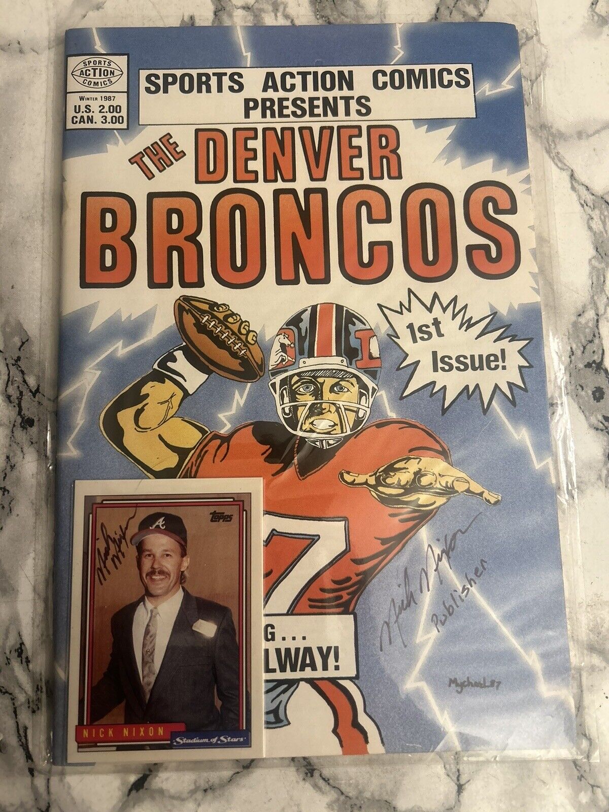 Denver Broncos 1st Edition Sports Action Comics Nick Nixon Autograph + Card 1987