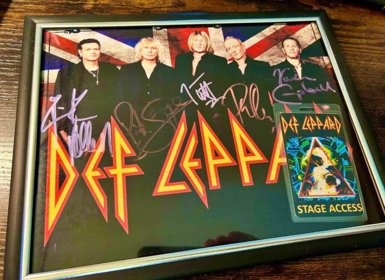 Def Leppard Band signed  Framed photo reprint with crew Laminate Pass
