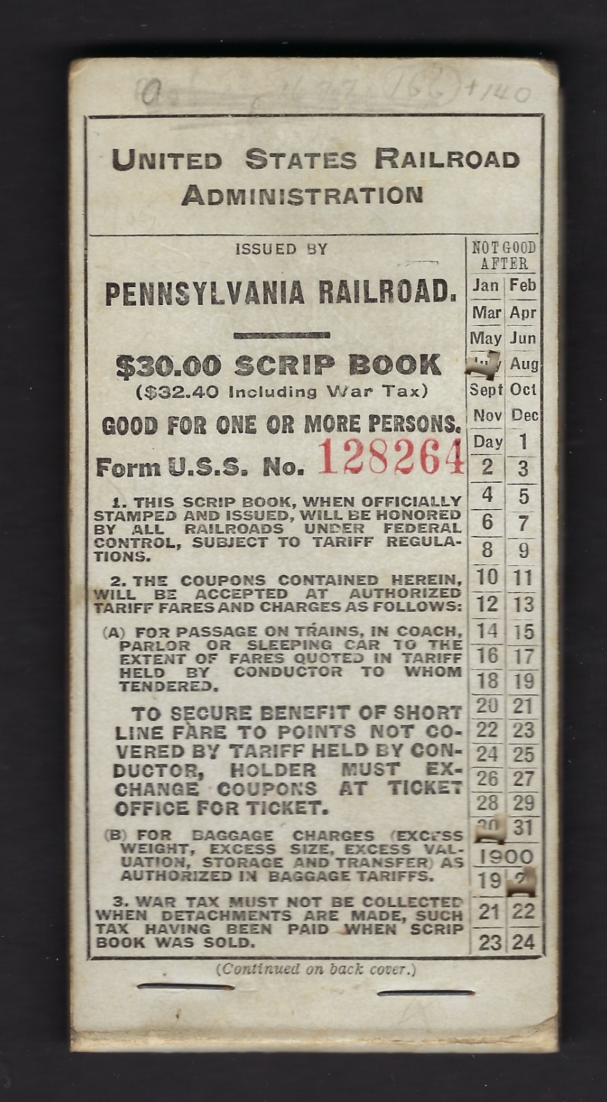 1919 Pennsylvania Railroad $30.00 Scrip Book with tickets number 28 thru 60