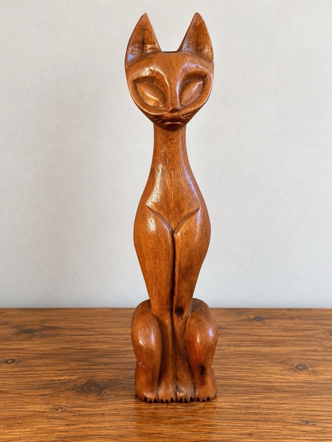 Vintage Hand Carved Wooden Cat Figurine Siamese Style Mid Century Modern Decor