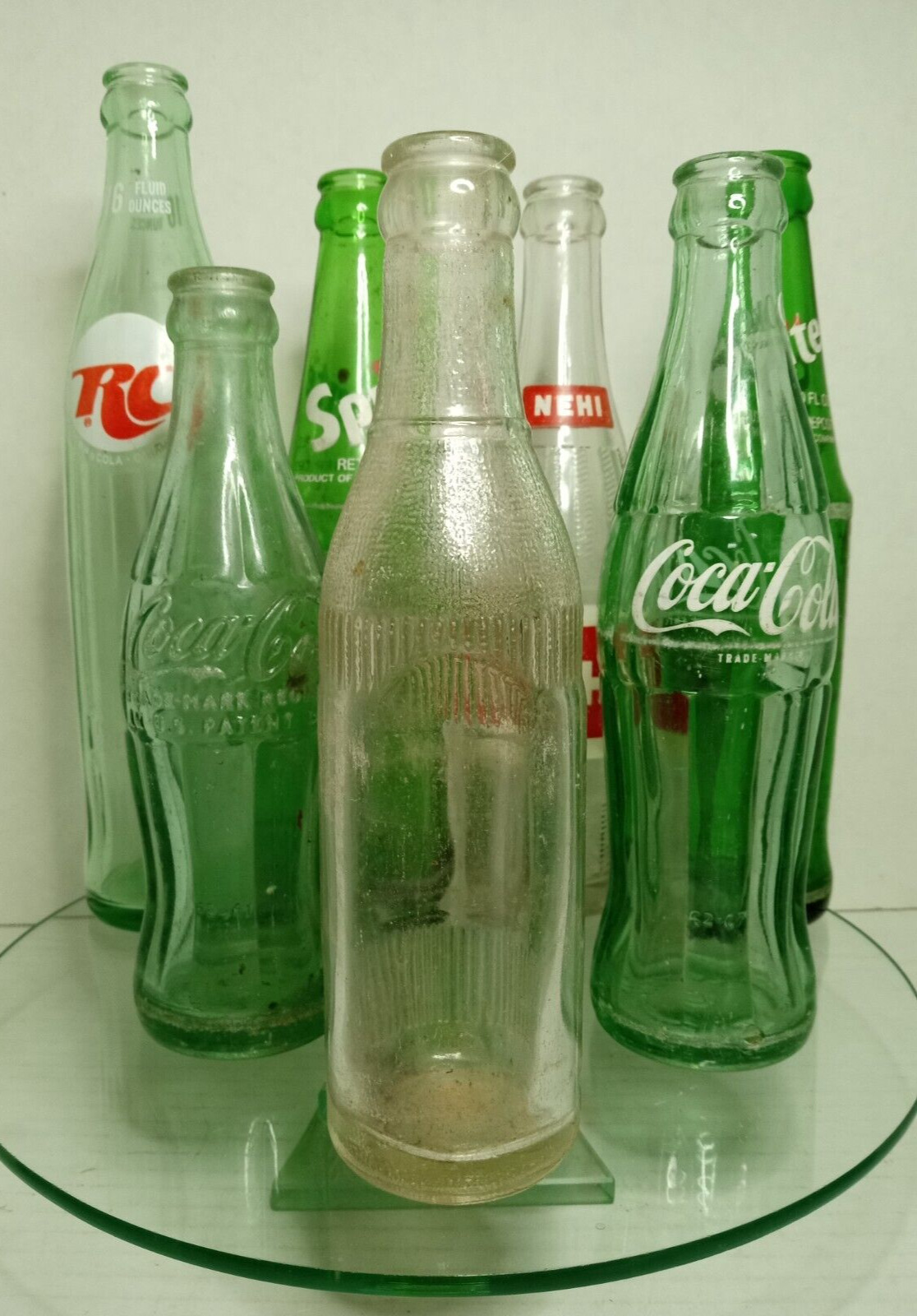Vintage Glass Soda Bottles Lot 7 Bottles Coke NEHI RC Cola Sprite