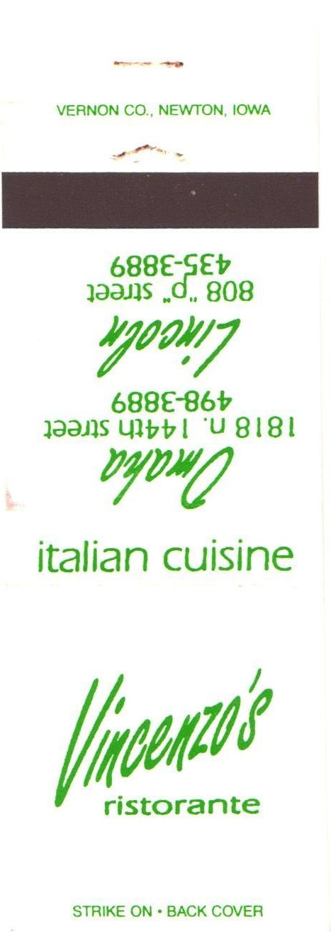 Vincenzo\'s Ristorante Omaha Lincoln NE Vintage Matchbook Cover 1960s-70s Vincenzo\'s Ristorante Omaha Lincoln NE Vintage Matchbook Cover 1960s-70s