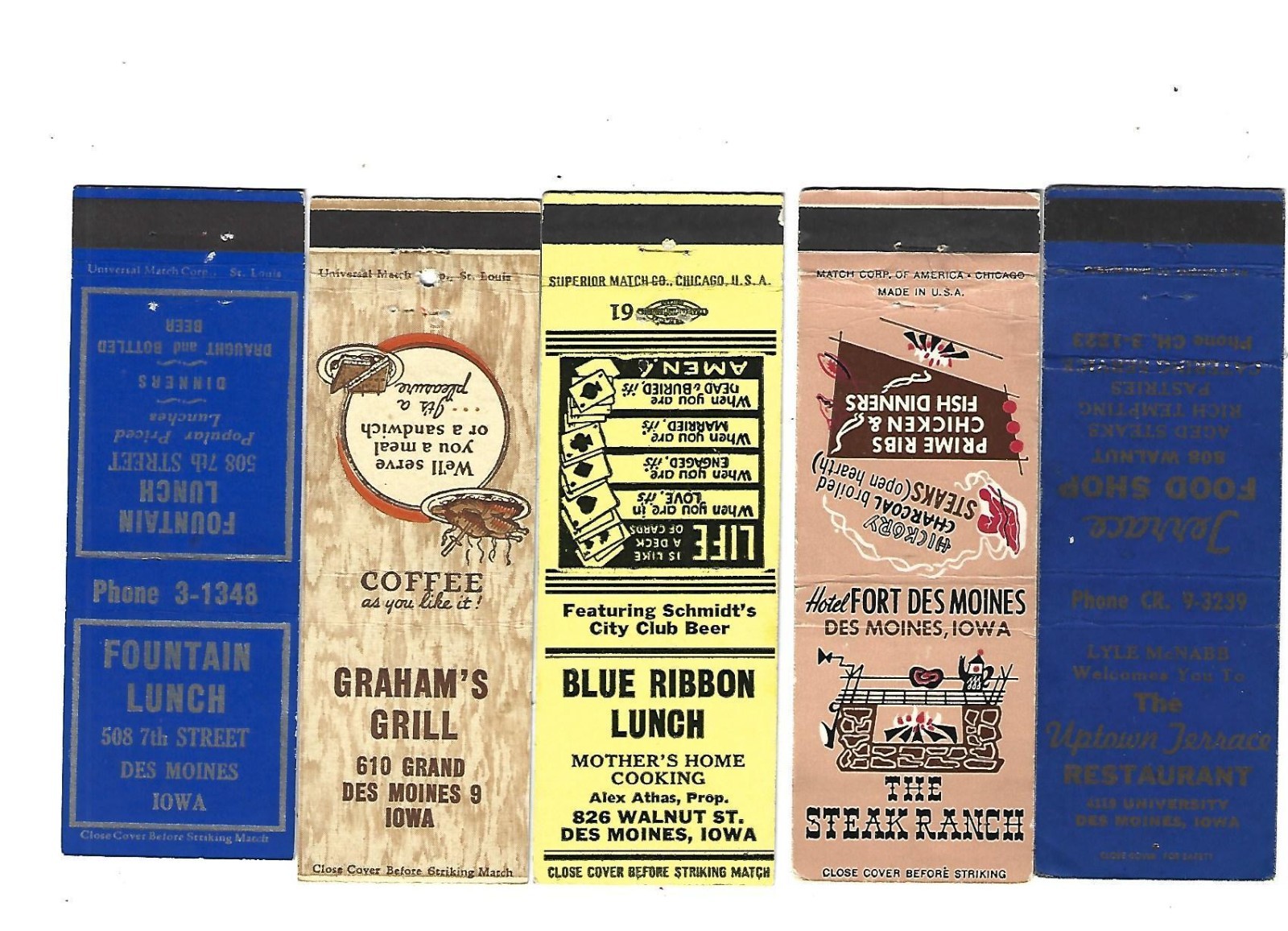 5 Des Moines, Iowa Matchcovers 5 Des Moines, Iowa Matchcovers
