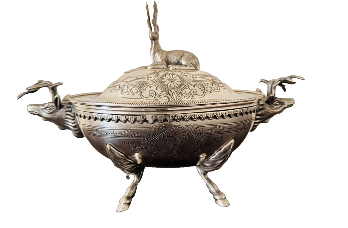 LARGE ANTIQUE 19th SILVER PLATE FOOTED COVERED TUREEN STAG LID & HOOF FEET