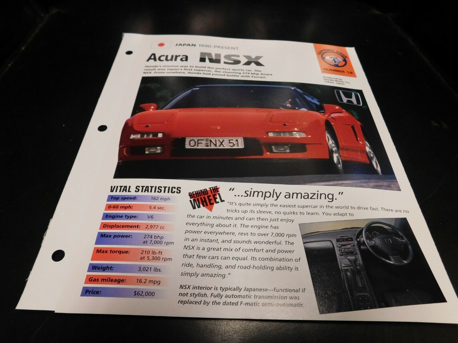 1990+ Acura NSX Spec Sheet Brochure Photo Poster 