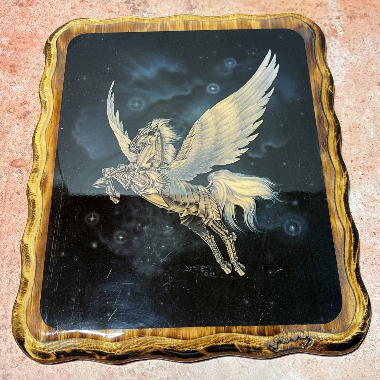 Vintage 1986 Sue Dawe Pegasus Glossy Lacquer Burned Wood Wall Decor.