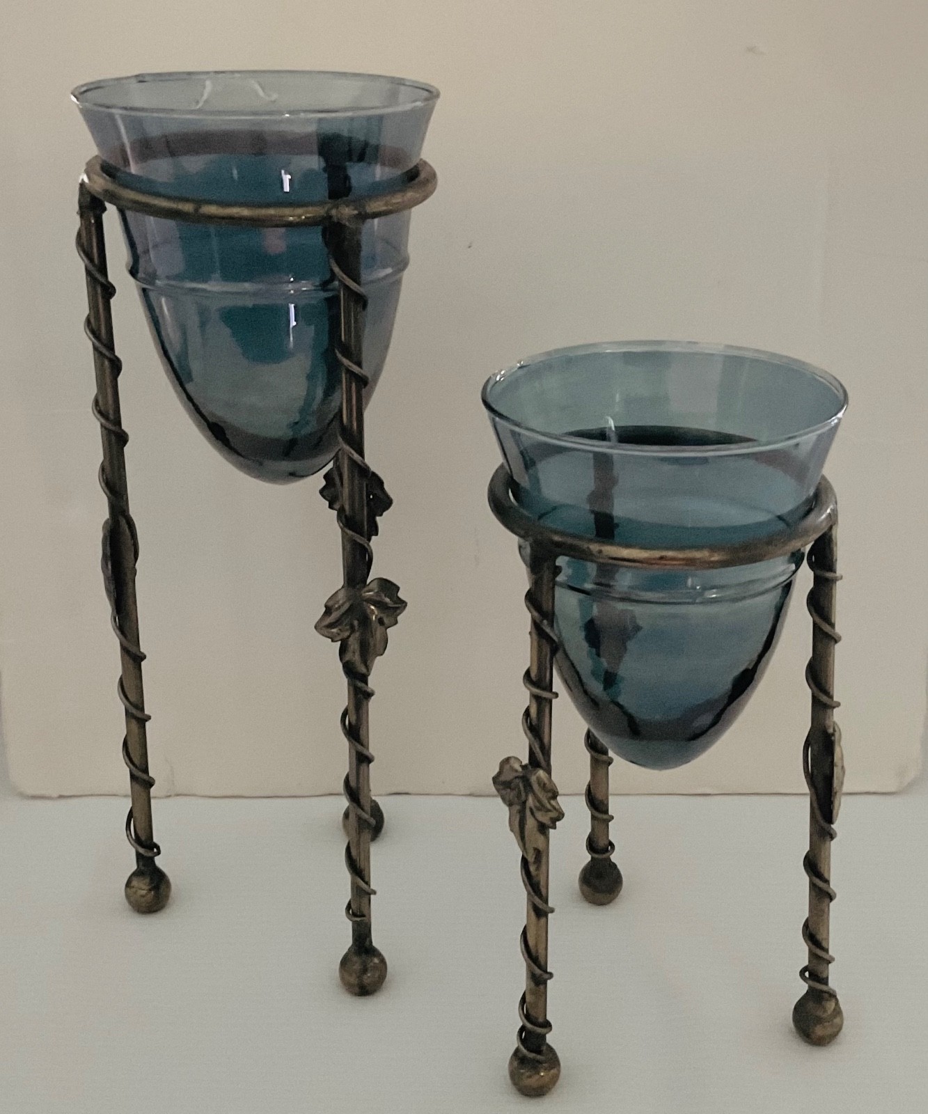 Vintage Pair Twisted Brass Stands w/Leaf Accents & Blue Glass Votive Holders Vintage Pair Twisted Brass Stands w/Leaf Accents & Blue Glass Votive Holders