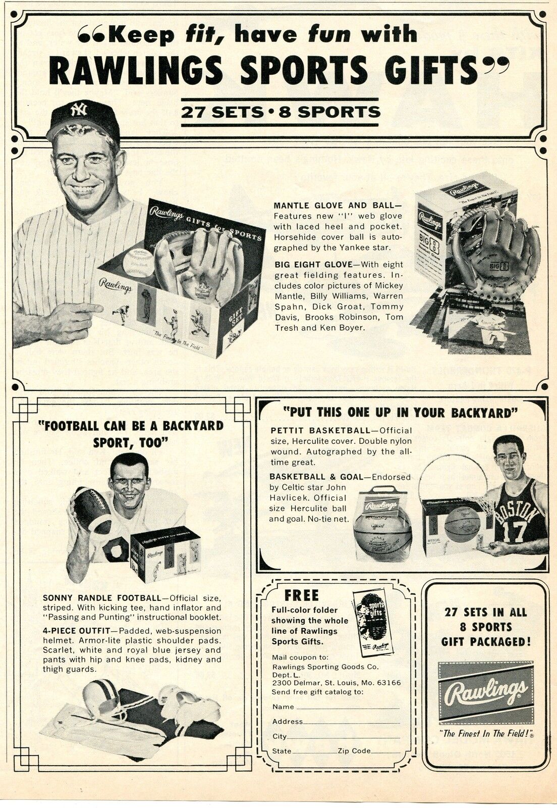 1964 Print Ad Rawlings Sport Gifts w Mickey Mantle, Sonny Randle, John Havlicek