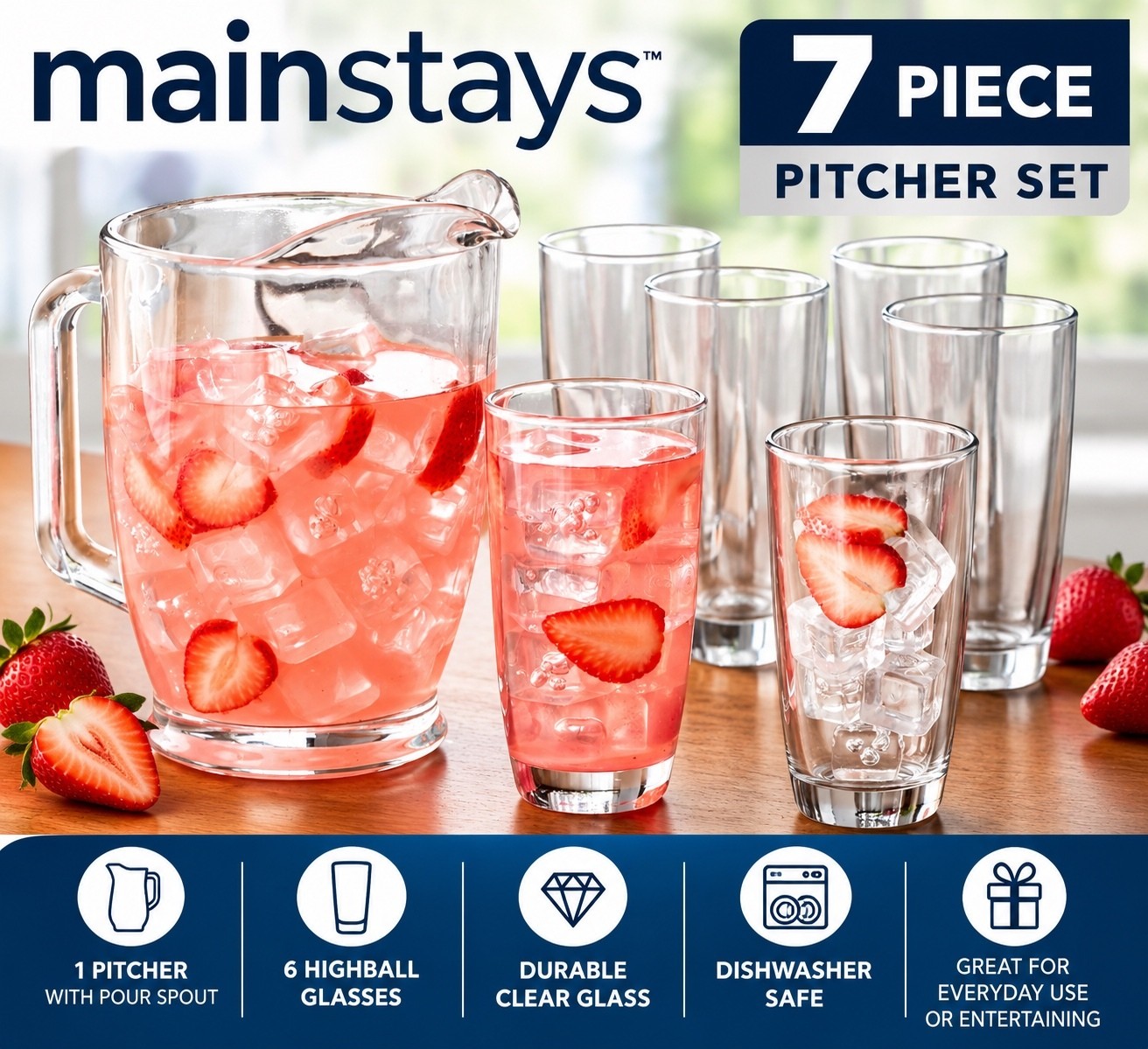 Mainstays 7 Piece Pitcher Set Clear Glass 1 Pitcher 6 Highball Glasses Mainstays 7 Piece Pitcher Set Clear Glass 1 Pitcher 6 Highball Glasses