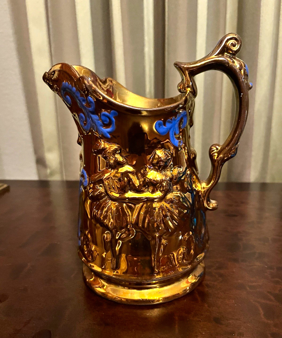 Antique Staffordshire Copper Lustre Dancers Pitcher Blue Enamel 8” Victorian Antique Staffordshire Copper Lustre Dancers Pitcher Blue Enamel 8” Victorian