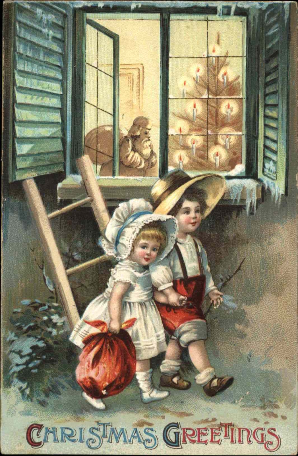 Christmas Santa Claus Children Bonnet Ladder Embossed c1900s-20s Postcard Christmas Santa Claus Children Bonnet Ladder Embossed c1900s-20s Postcard