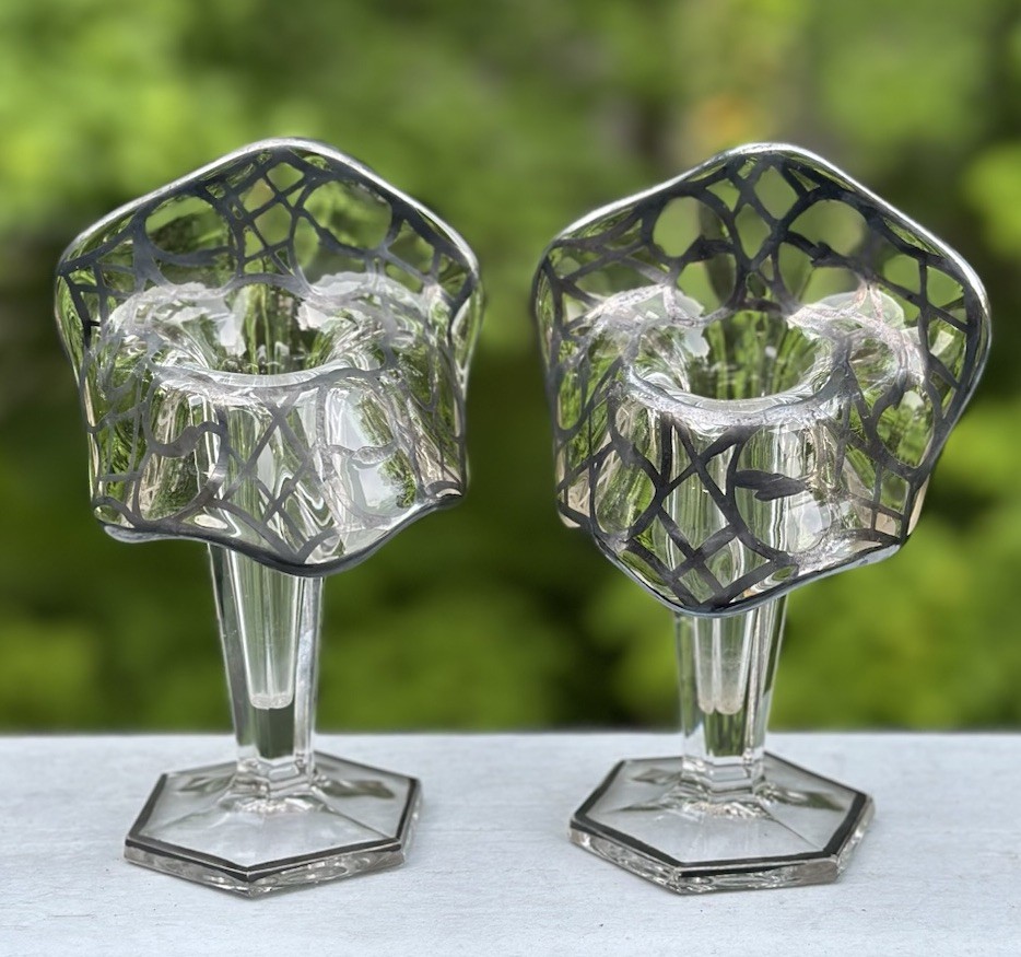 Vintage Pair Jack in the Pulpit Glass Vase Silver Overlay Art Deco Unused Vintage Pair Jack in the Pulpit Glass Vase Silver Overlay Art Deco Unused