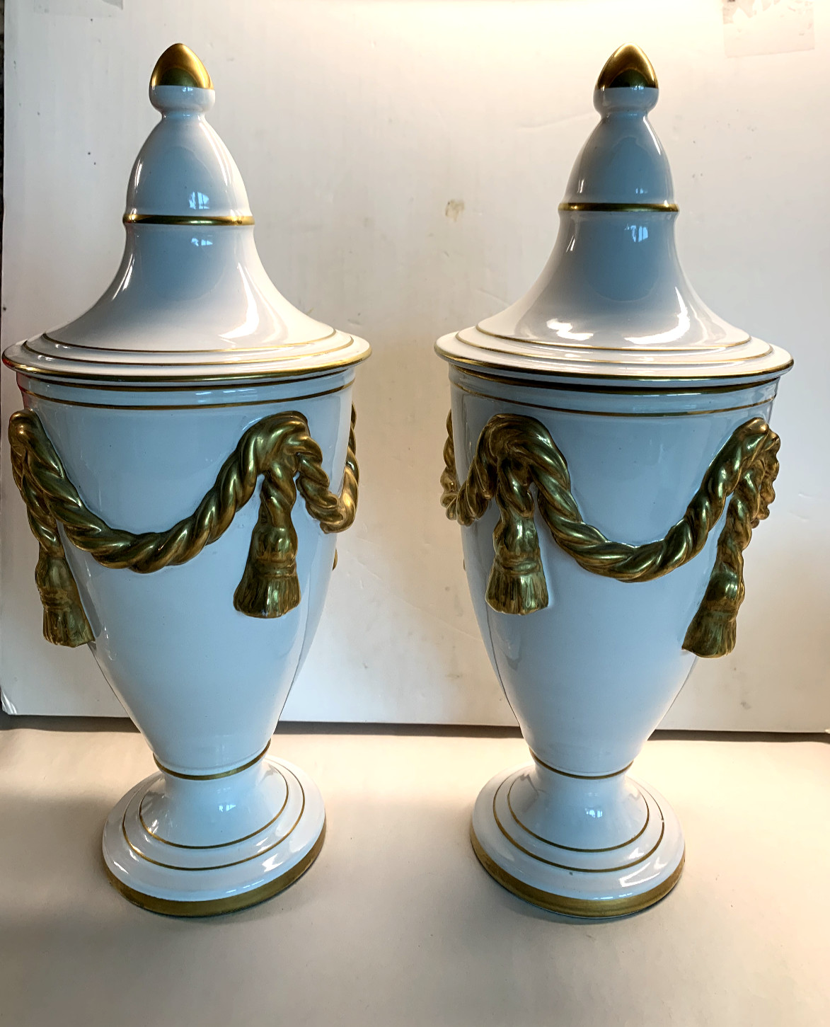 Large Vintage Pair Italian Porcelain Urns with Lids Art Deco Classical Large Vintage Pair Italian Porcelain Urns with Lids Art Deco Classical