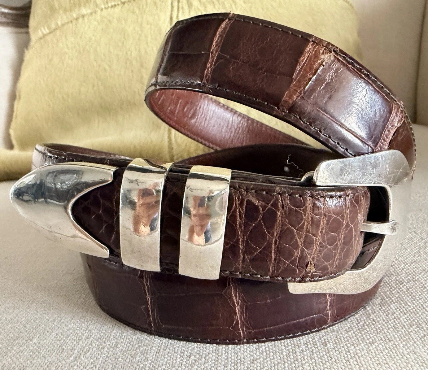 Calvin Begay Dine’ Navajo Sterling Silver Belt Buckle W/ Orvis Alligator Belt 46