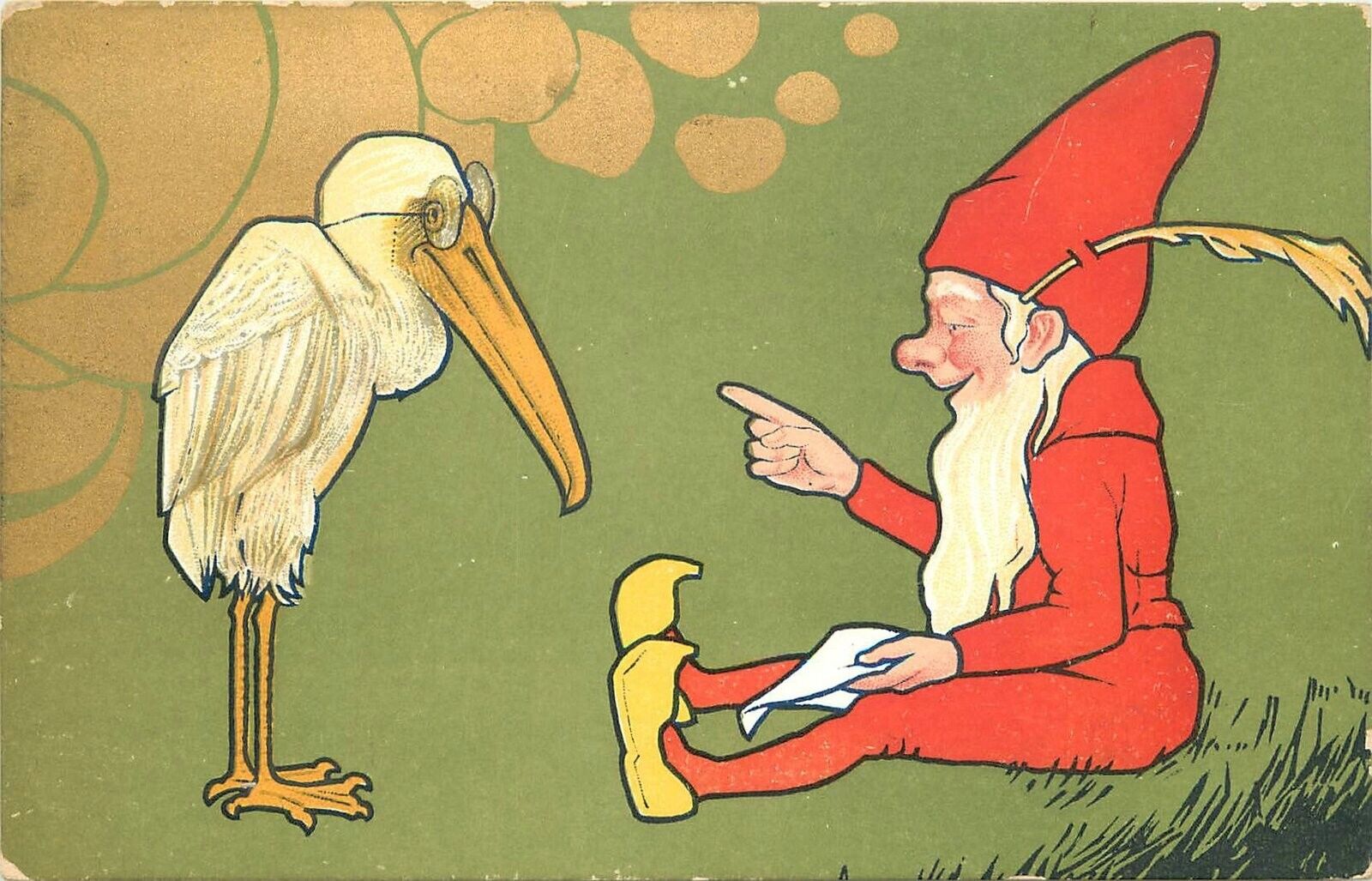 Postcard C-1910 Gnome fantasy stork Swedish artist impression 23-10183