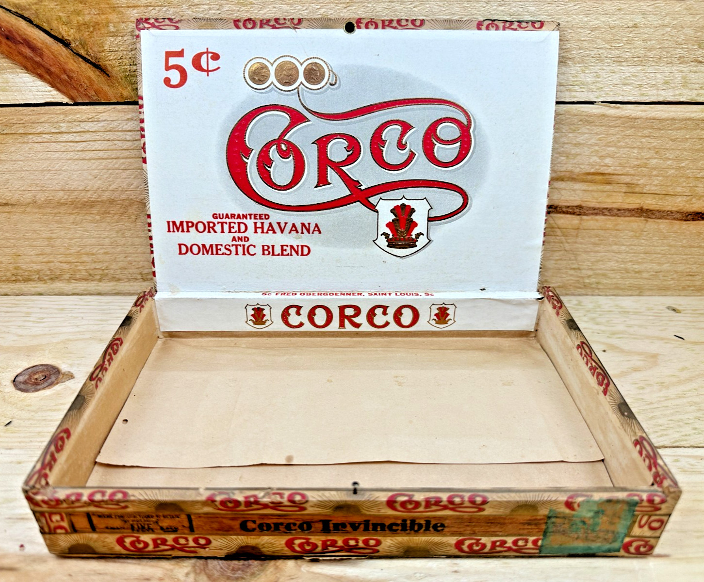 c. 1926 Vintage Antique Corco Cigar Box St Louis MO - Scarce Fred Obergoenner c. 1926 Vintage Antique Corco Cigar Box St Louis MO - Scarce Fred Obergoenner