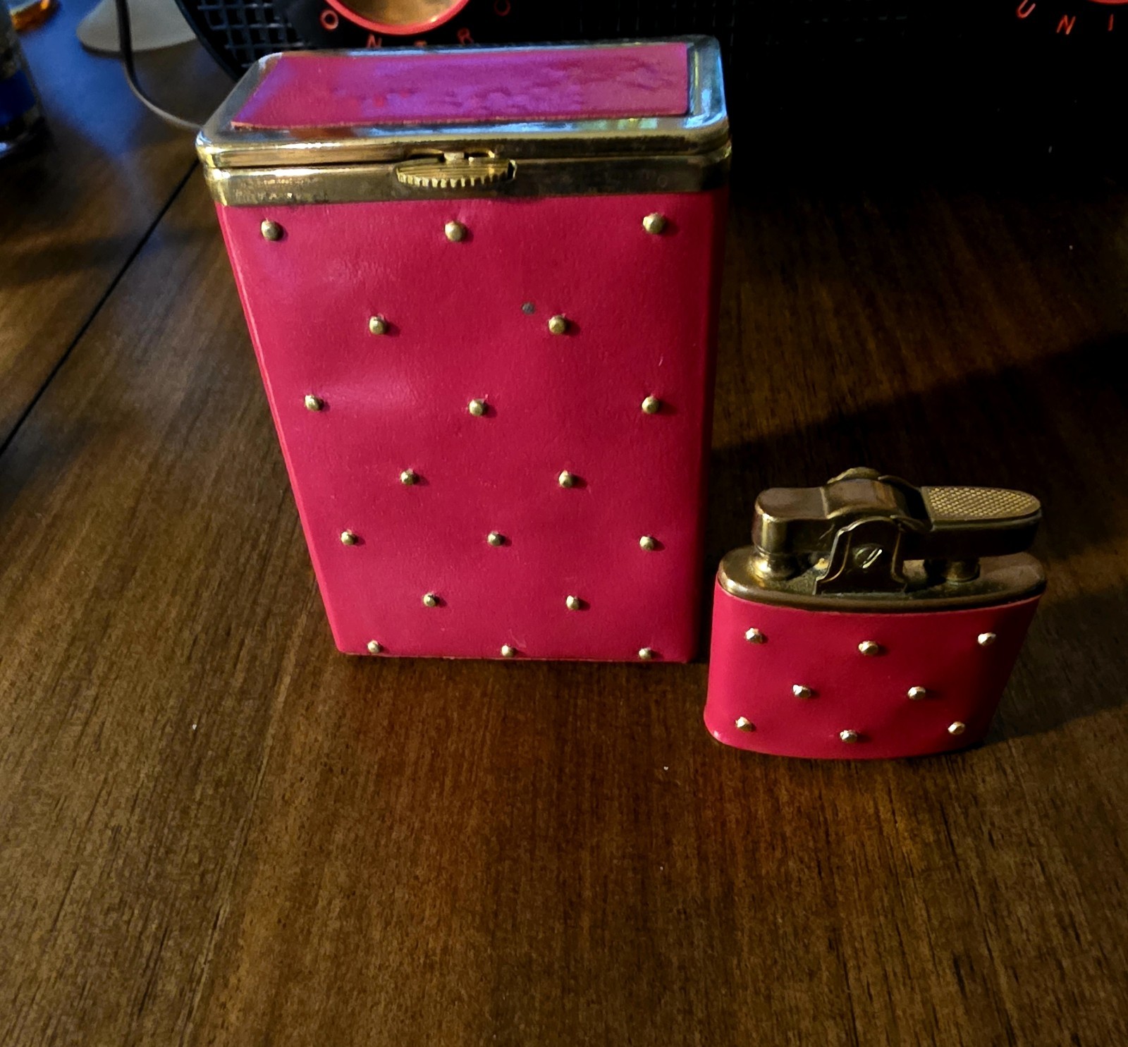 Vtg 1950s Princess Gardner Red Leather Cigarette Case & Working Lighter Set MCM