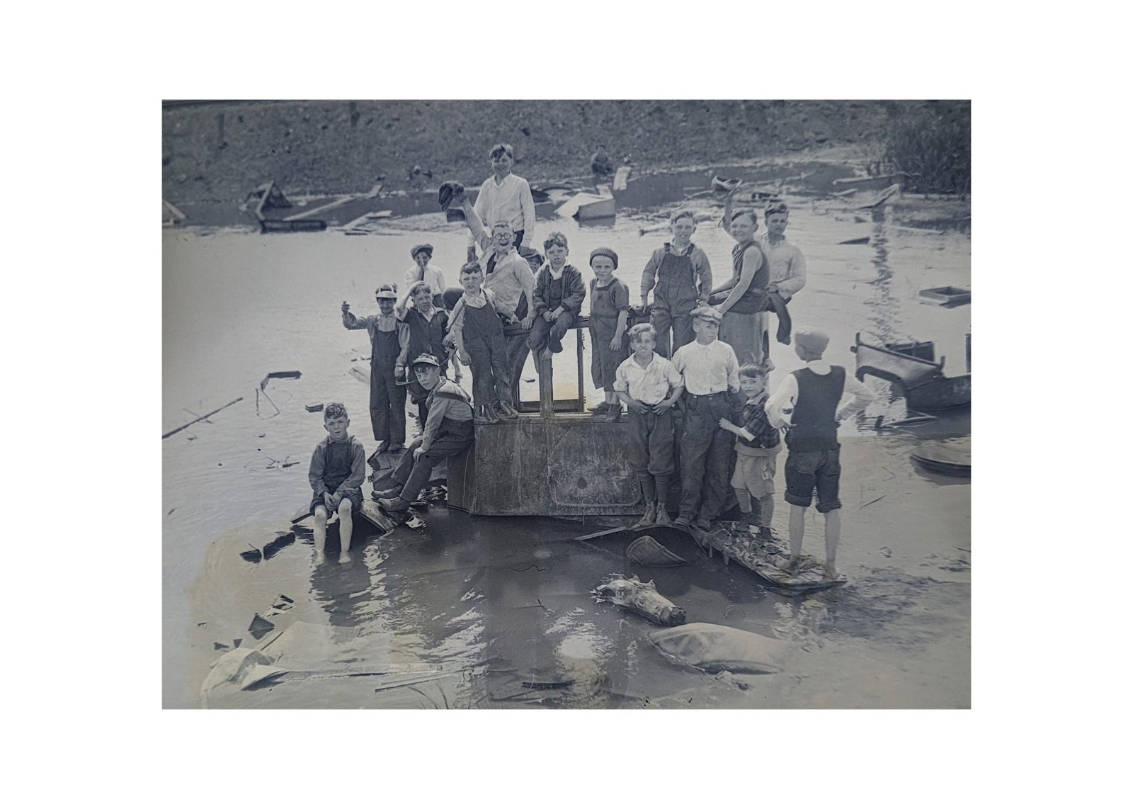 1923 Antique Glass Plate Negative Boys In Dump Flooded Car South Boston OOAK