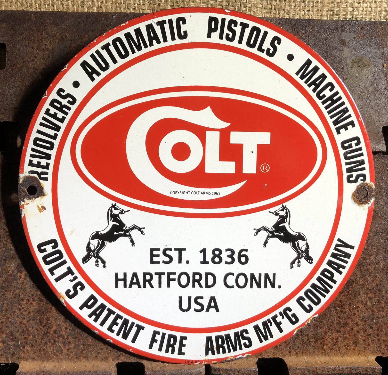 VINTAGE 1961 DATED COLT FIREARMS REVOLVERS PISTOLS GUNS 10” PORCELAIN GAS SIGN