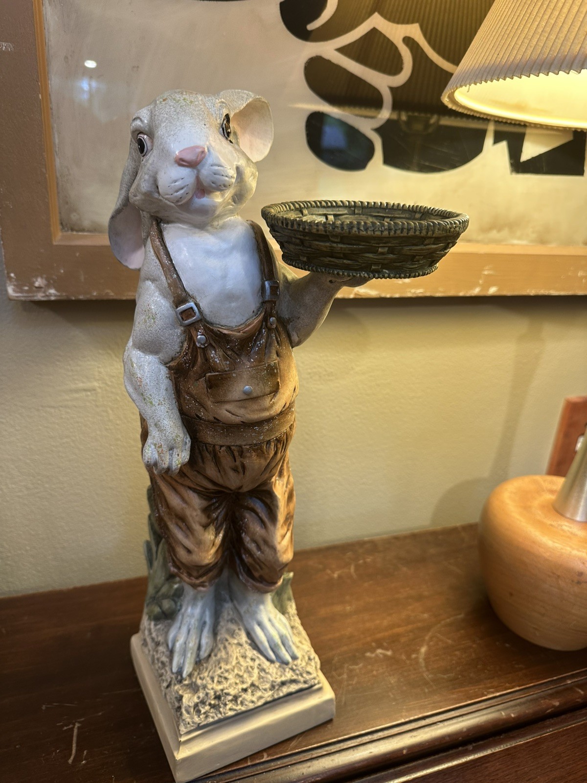 VTG 90's RAZ Imports Resin Bunny Butler Overalls Holding Tray Sculpture 17 VTG 90's RAZ Imports Resin Bunny Butler Overalls Holding Tray Sculpture 17