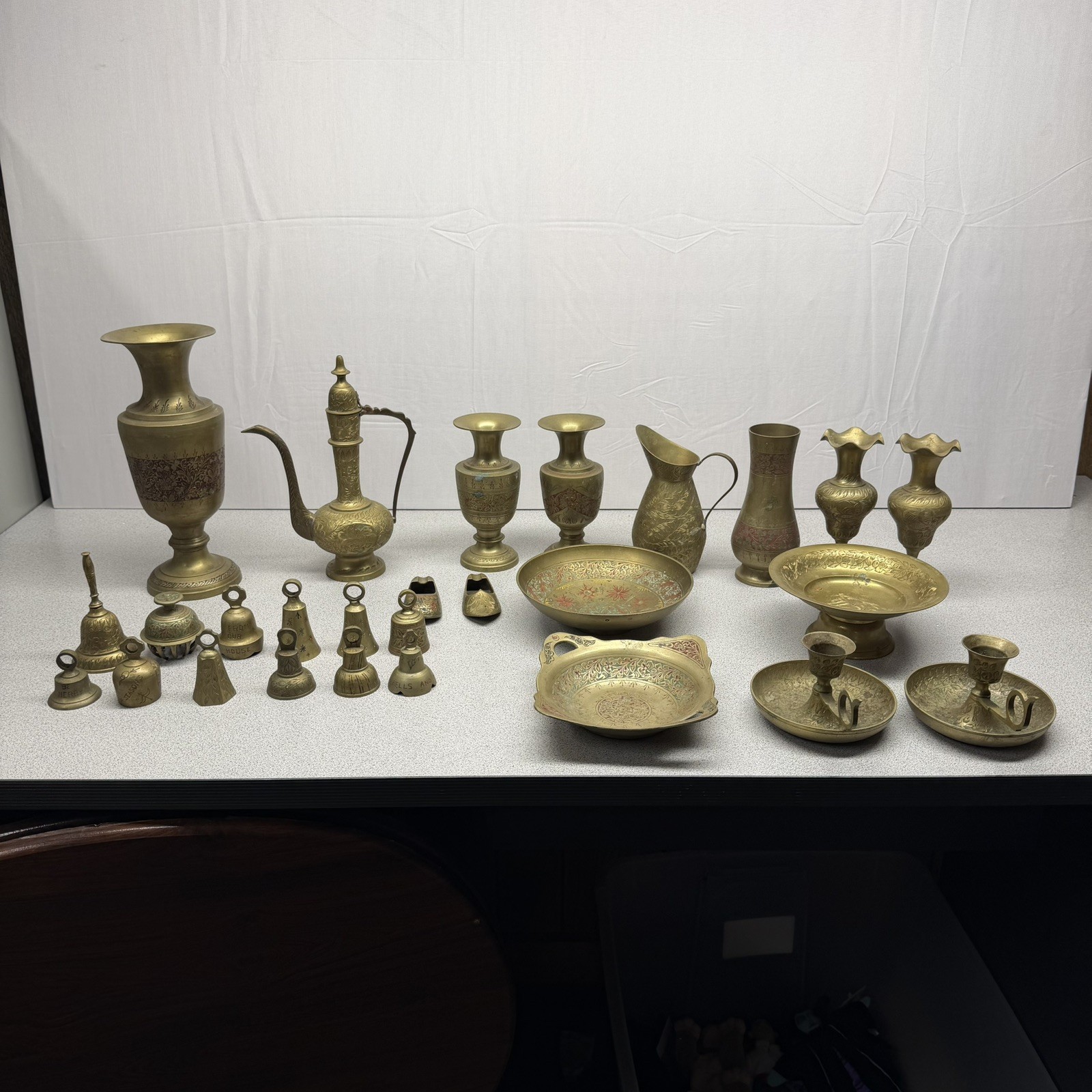 brass lot vintage 27 pcs over 10 lbs. bells, ashtrays, candle stick holders 