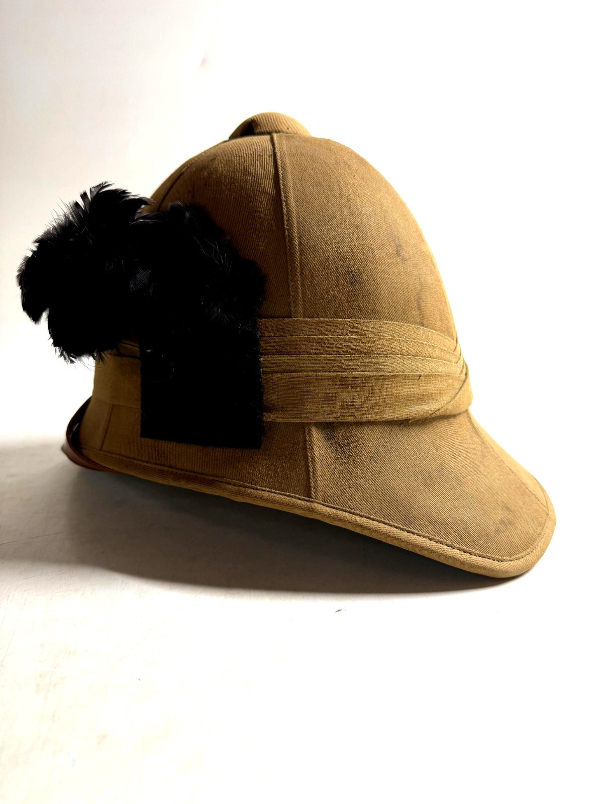 Vintage British Tropical Pith Helmet Khaki Safari Hat Black Plume England