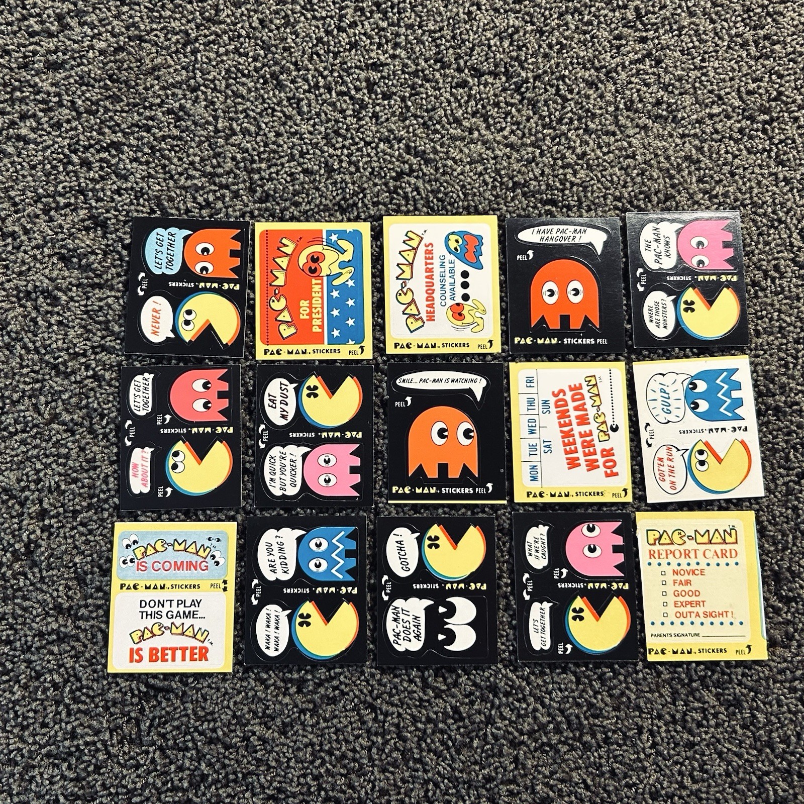 1980 Fleer Pac-Man Lot of 15 Stickers Blue Backs - No Duplicates Vtg 80s