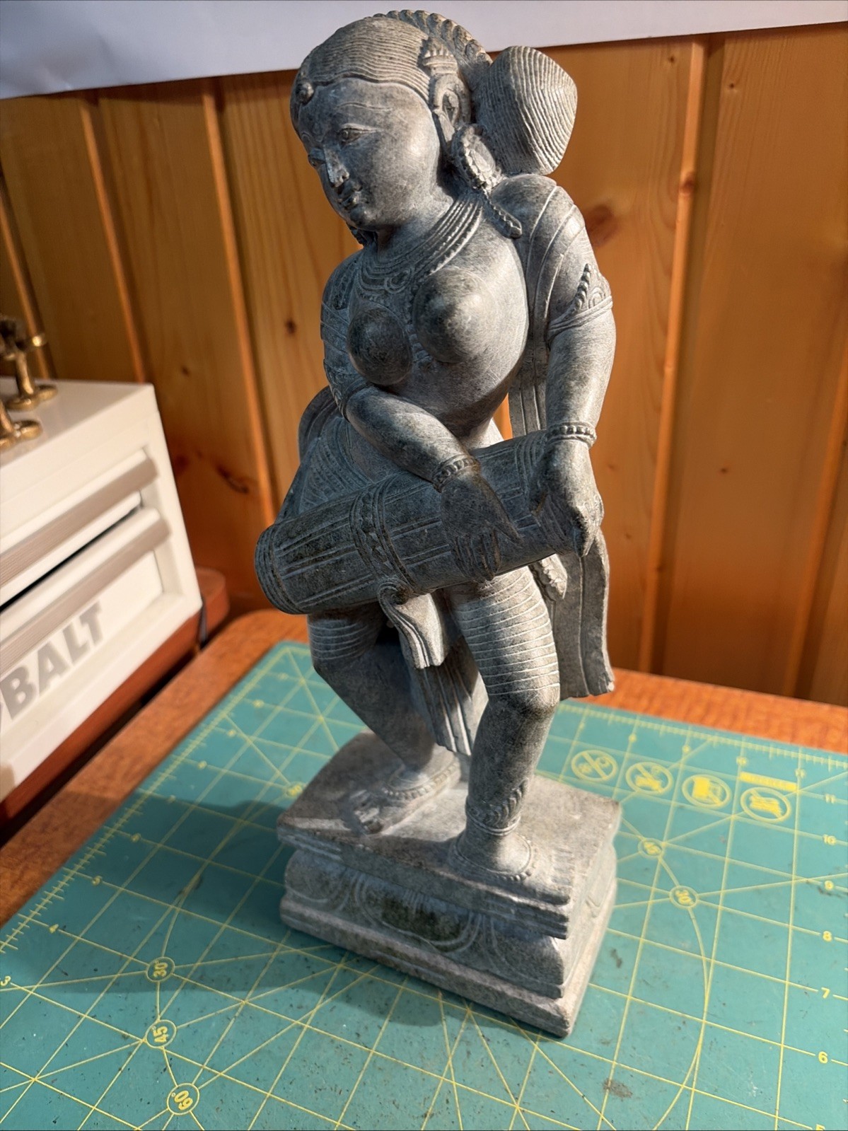 Vintage Hand Carved Gray Marble Apsara Statue Indian Temple Musician Drummer 12” Vintage Hand Carved Gray Marble Apsara Statue Indian Temple Musician Drummer 12”