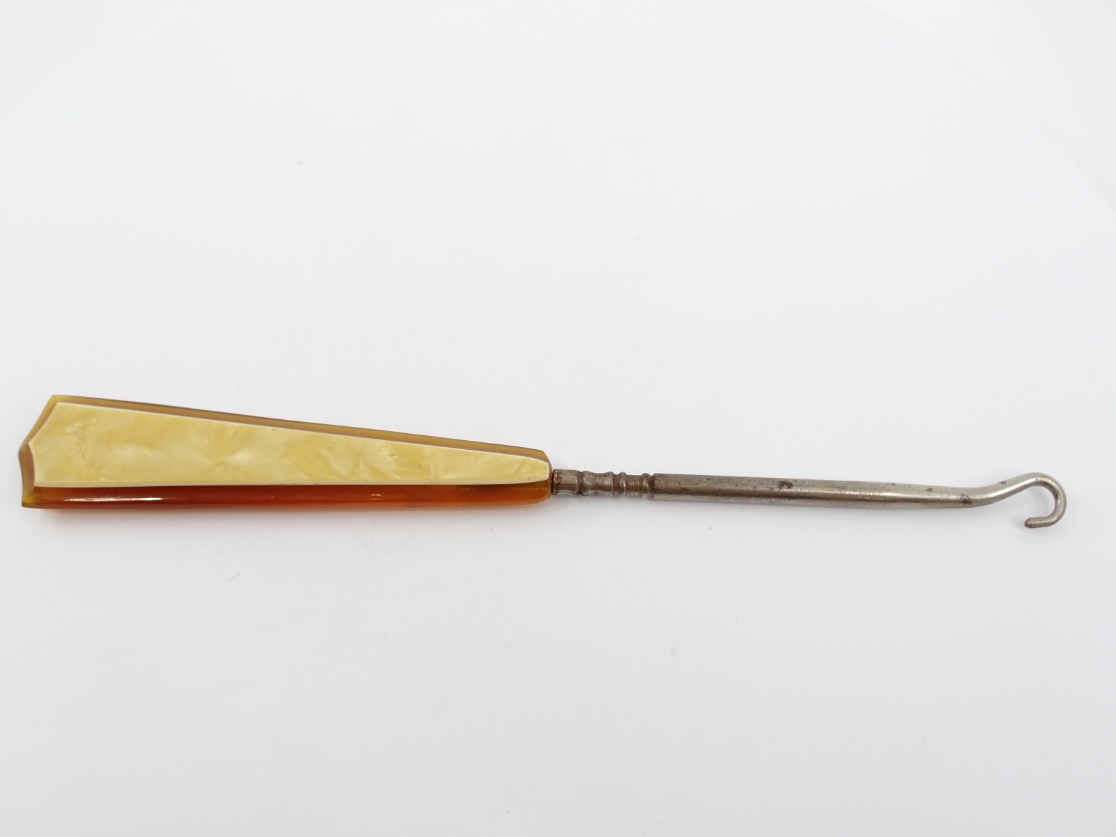 Vintage Buttonhook 1920s Celluloid Handle Amber & Cream Marbled Vanity Tool