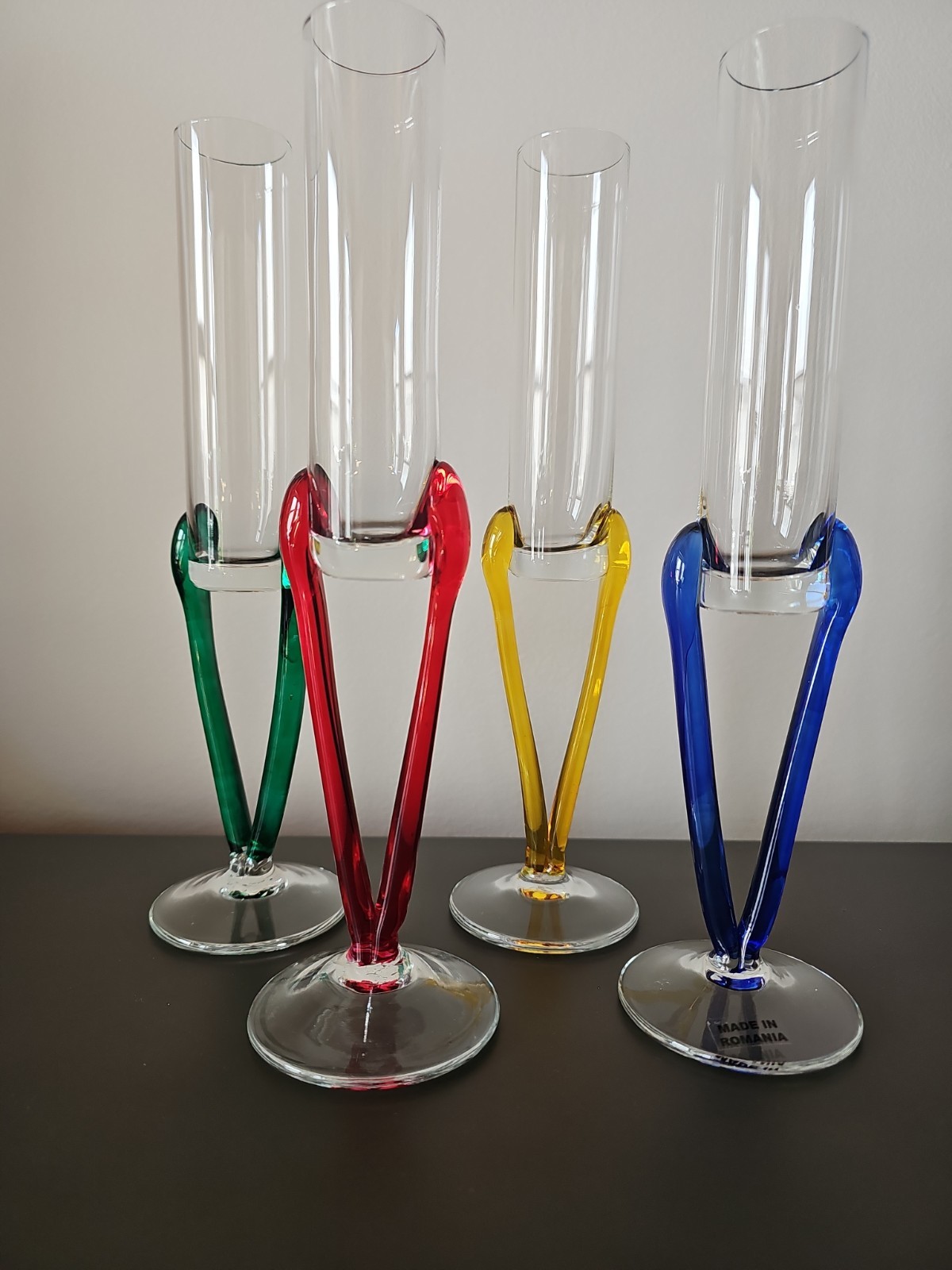 Four Vintage π·π΄ Romania Glass Hand Blown Champagne Flutes 10.25 Inch Tall EUC Four Vintage π·π΄ Romania Glass Hand Blown Champagne Flutes 10.25 Inch Tall EUC