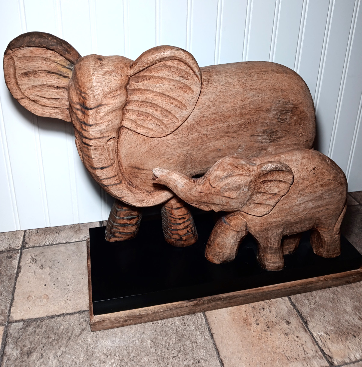Vintage Hand Carved Wood Mother & Baby Elephant Sculpture Statue(19 Vintage Hand Carved Wood Mother & Baby Elephant Sculpture Statue(19