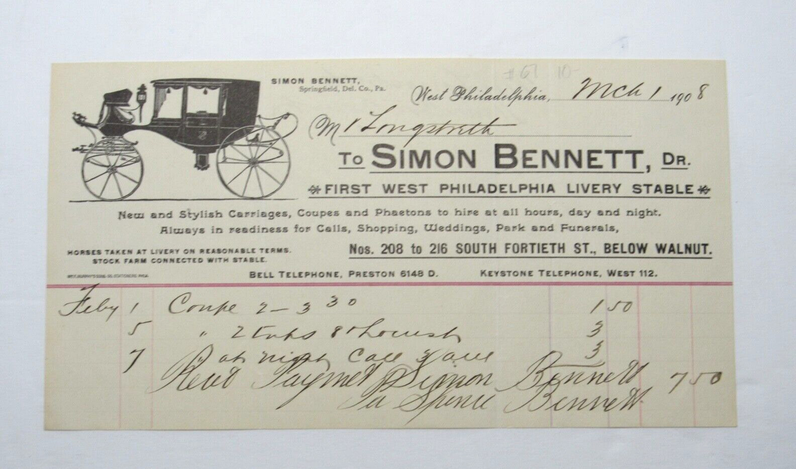 1908 Philadelphia Livery Stable Simon Bennett Billhead Carriages Phaetons Coupe 1908 Philadelphia Livery Stable Simon Bennett Billhead Carriages Phaetons Coupe