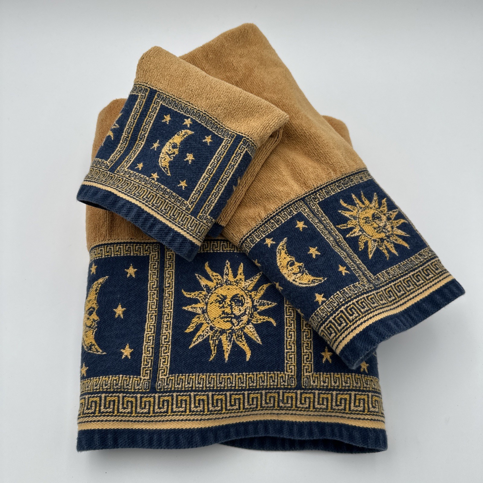 Vintage Y2K 90s Celestial Sun Moon Stars 3 Piece Towel Set Gold Denim Vintage Y2K 90s Celestial Sun Moon Stars 3 Piece Towel Set Gold Denim