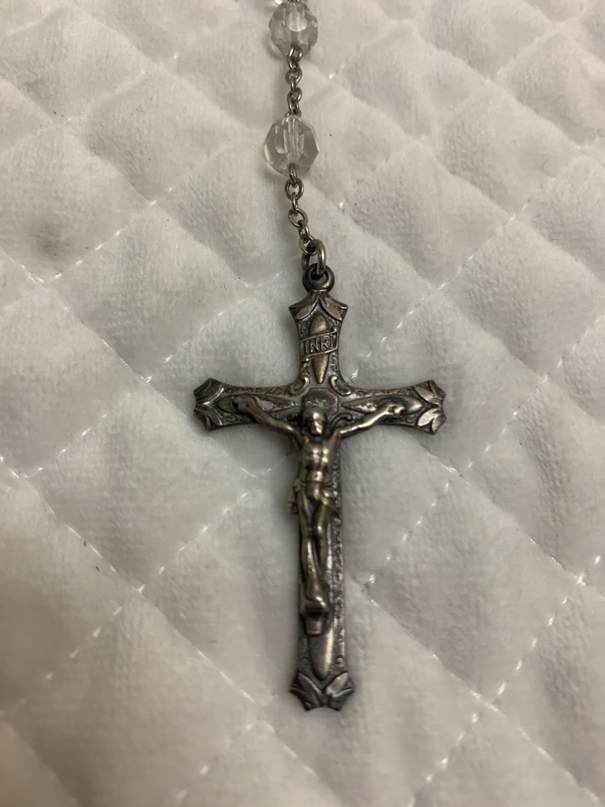 Antique/Vtg Moroccan Rosary Crucifix Sterling Faceted Glass Beaded Necklace