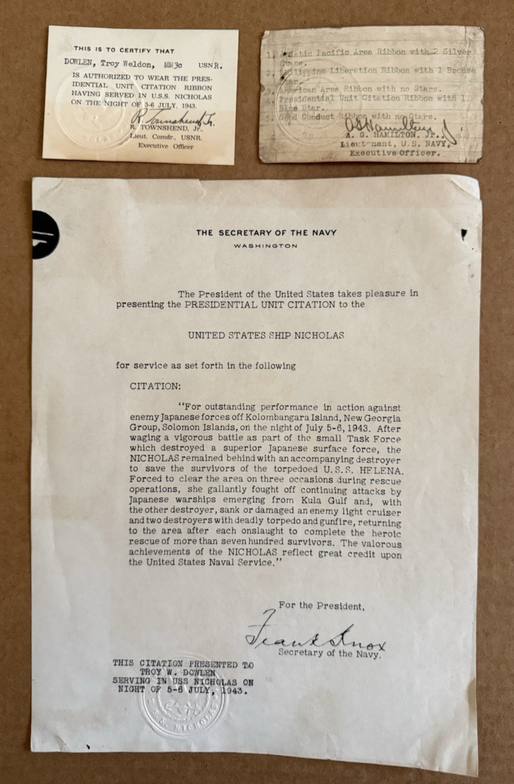Navy Presidential Citation Certificate Card 1943 USS Nicholas USS Helena Navy Presidential Citation Certificate Card 1943 USS Nicholas USS Helena