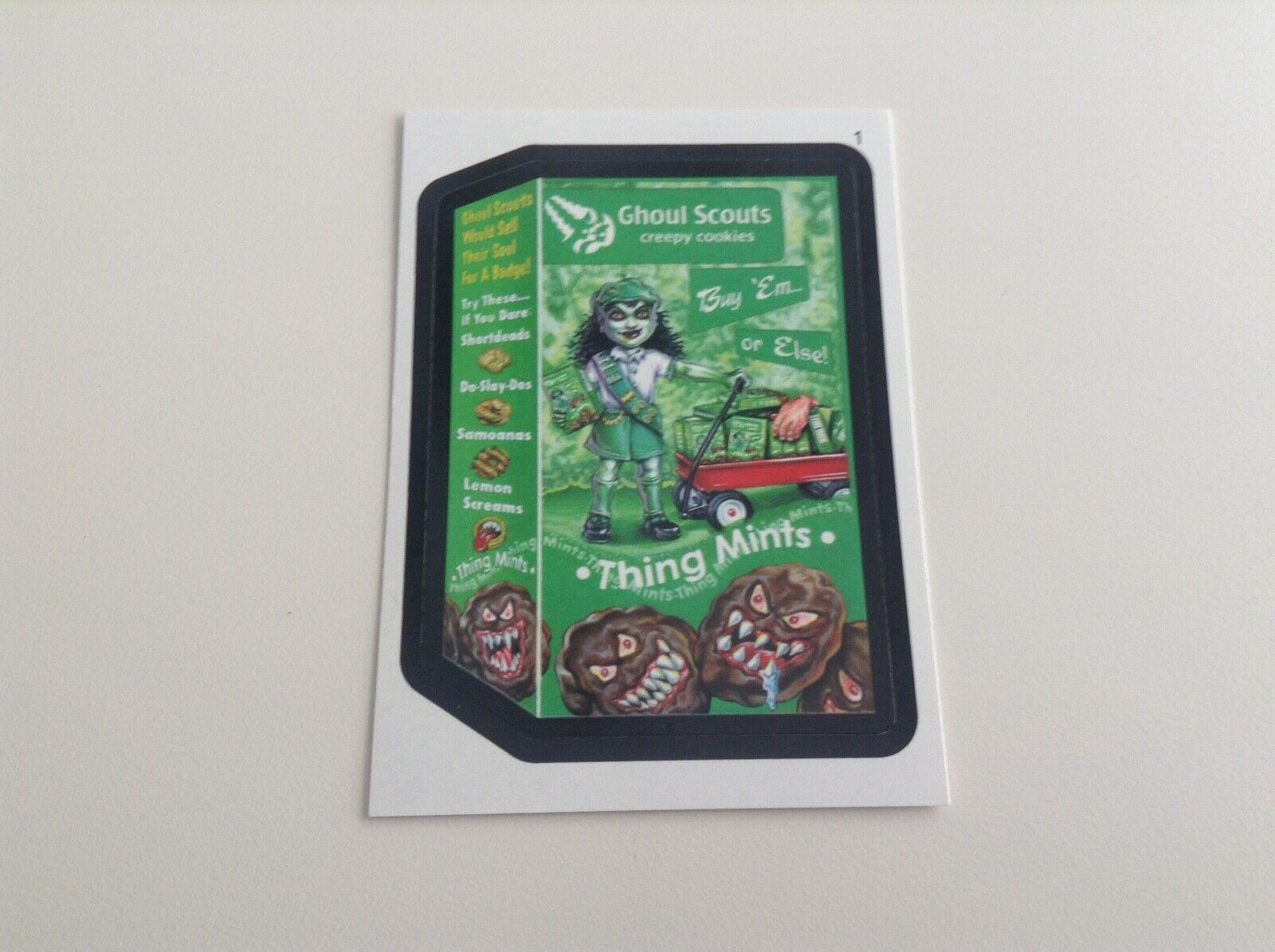 GIRL SCOUTS 2010 TOPPS WACKY PACKAGES CARD PARODY, GHOUL SCOUTS THING MINTS #1