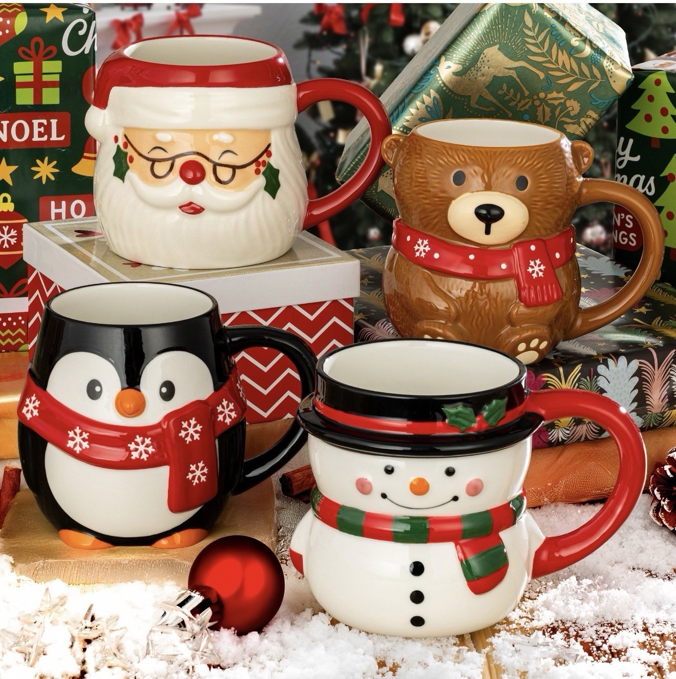 Signature Housewares Christmas Figural Mugs 4-Pc Set Santa Snowman Penguin Bear