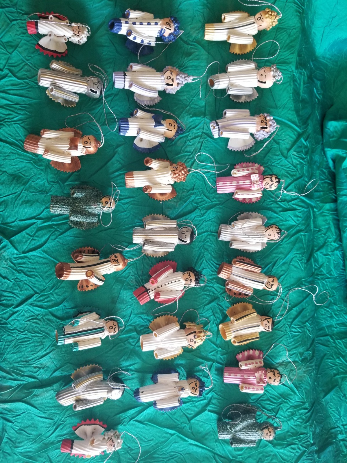 VINTAGE 1970\'s PASTA CHRISTMAS ORNAMENTS ANGEL LOT OF 25 HAND MADE HAND PAINTED