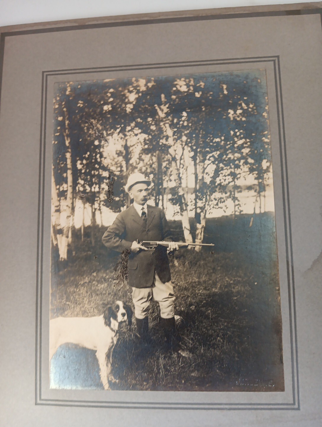  Cabinet Card Photo Hunter w/dog Gun 1900 Stylish Hunting Garb Birch Trees Lake