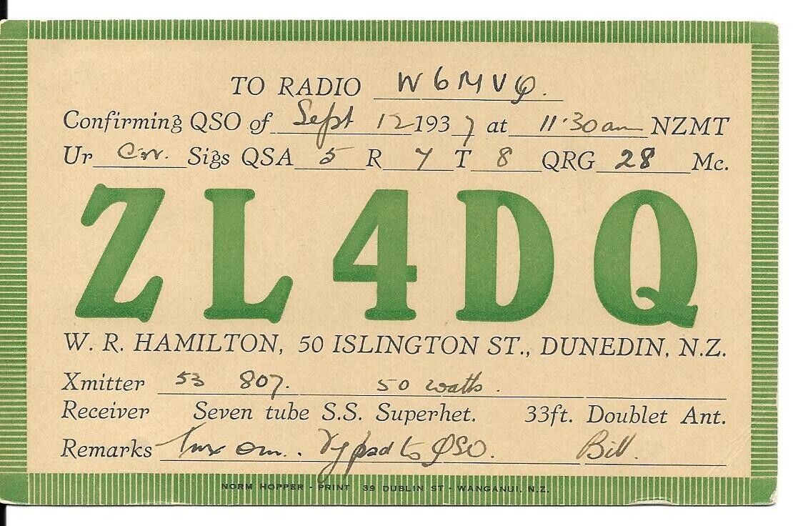 QSL 1937 Dunedin  New Zealand   radio card