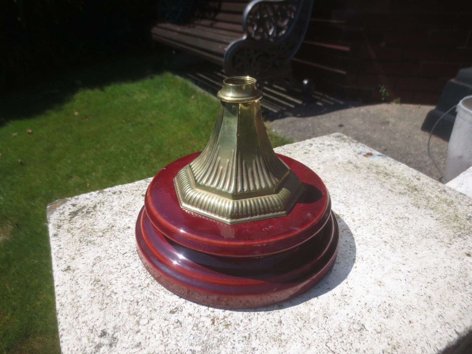 Rare ANTIQUE VERITAS Pressed Brass & Cranberry Colour terracotta Oil Lamp base Rare ANTIQUE VERITAS Pressed Brass & Cranberry Colour terracotta Oil Lamp base