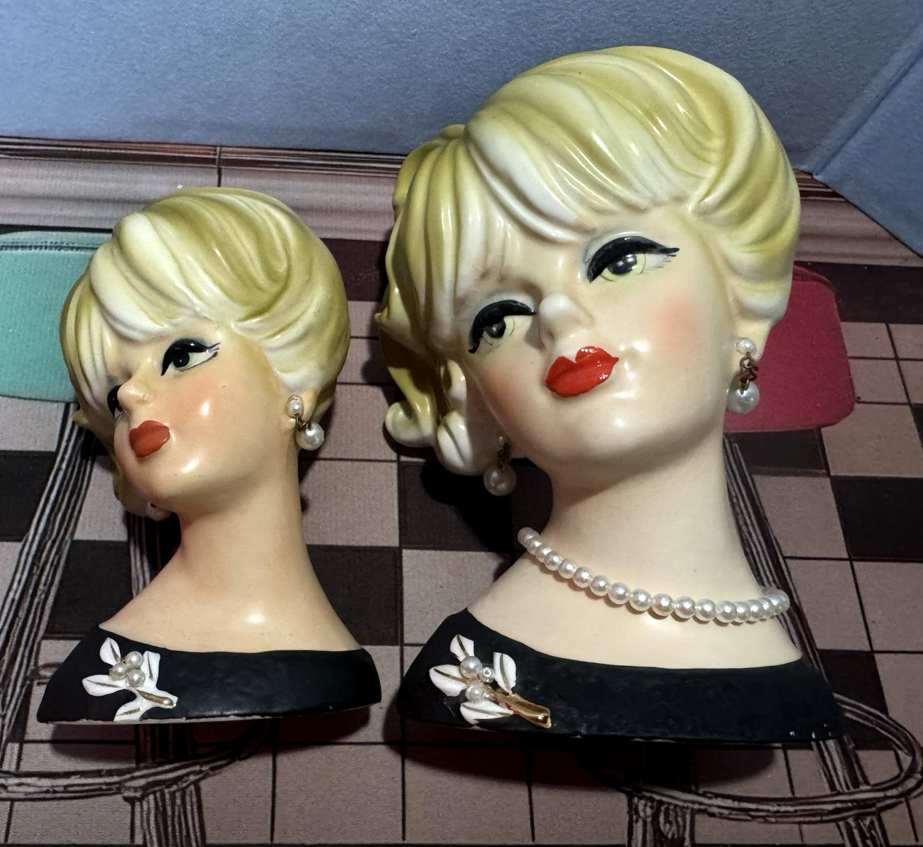 Lovely Pair of NAPCO Lady Head Vase C7472 & C7471 Blondes Black Dress Lovely Pair of NAPCO Lady Head Vase C7472 & C7471 Blondes Black Dress