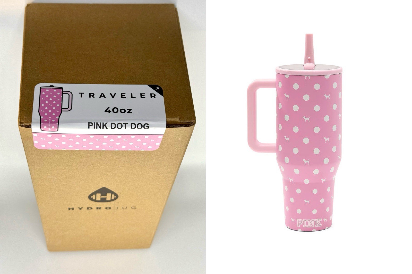 Victoria\'s Secret PINK x HydroJug 40oz Traveler Water Bottle Pink Dot/Dog NEW Victoria\'s Secret PINK x HydroJug 40oz Traveler Water Bottle Pink Dot/Dog NEW