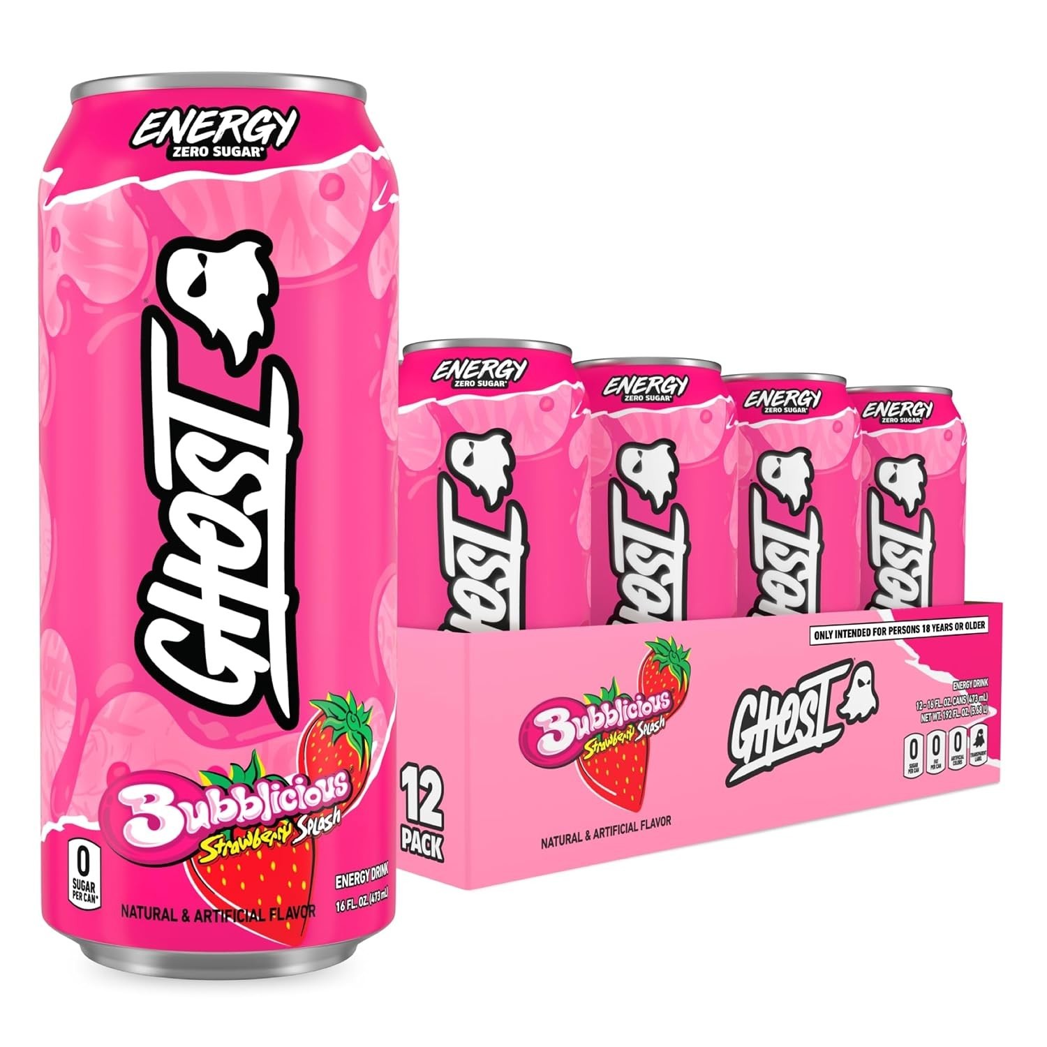 GHOST Energy Drink, Zero Sugars, 12-Pack - Bubblicious Strawberry Splash | Energ