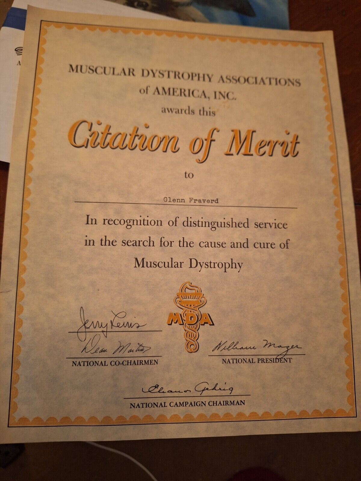 MDA CITATION OF MERIT with JERRY LEWIS, DEAN MARTIN, ELEANOR GEHRIG See Picture
