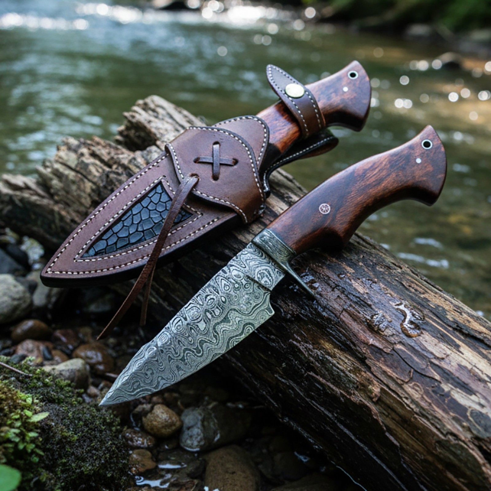 Handmade Damascus Steel Bowie Hunting Knife – Rosewood Handle w/ Leather Sheath Handmade Damascus Steel Bowie Hunting Knife – Rosewood Handle w/ Leather Sheath