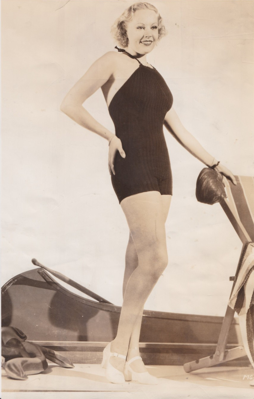 1936 Press Photo Leggy Actress June Knight Models Halter-Neck Bathing Suit