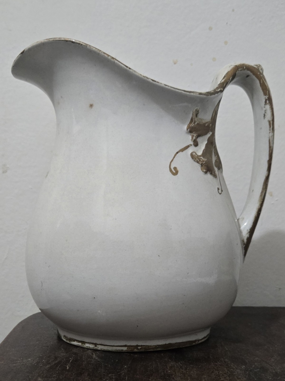 Antique Victorian English White Ironstone Pitcher Gold Gilt Crest Warranted 8.5